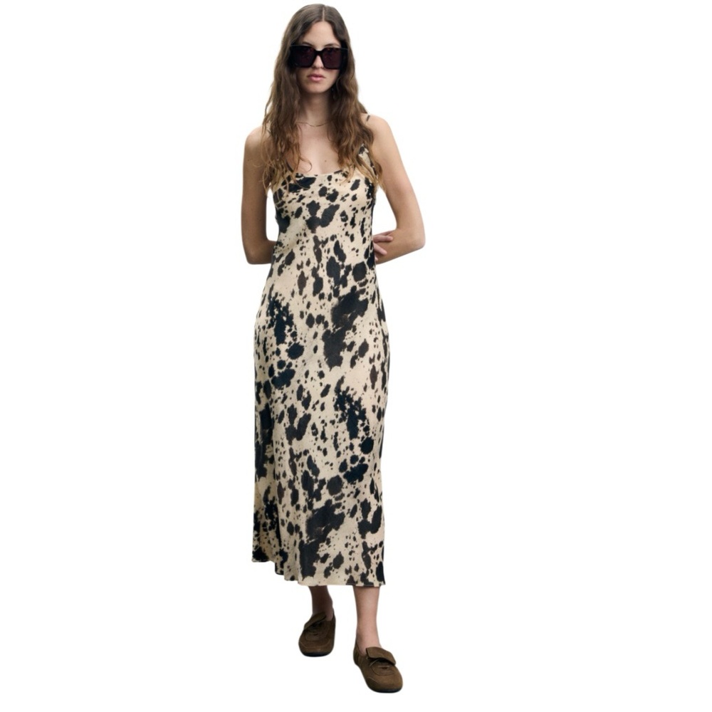 Strapless Cow Print Slip Dress - Beige & Black